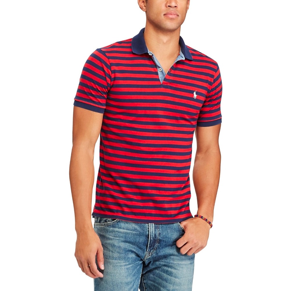 POLO RALPH LAUREN CUSTOM SLIM FIT JERSEY POLO MENS XL RED BLUE STRIPED SHIRT EUC